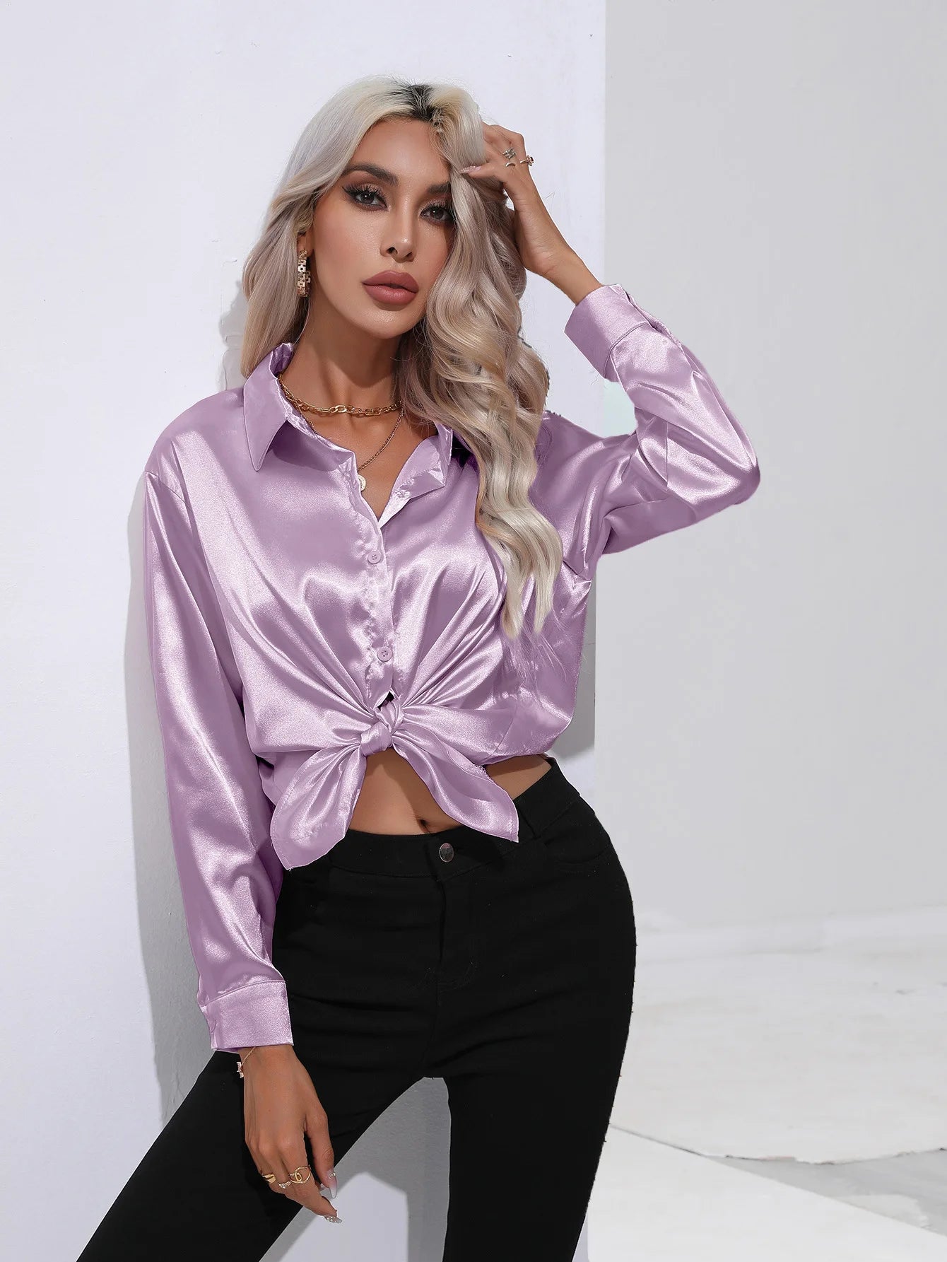 2025 Spring Summer Satin Shirt for Women, V-Neck Long Sleeve Silk Blouse Loose Office Shirt in Black White