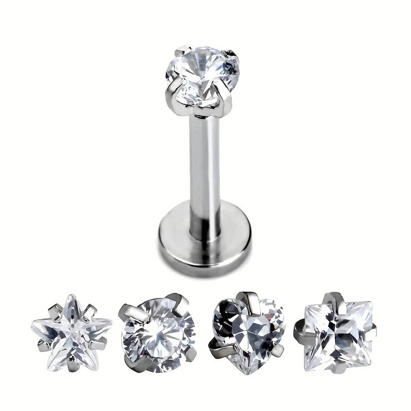 1pcs 6/8/10mm Stainless Steel Lip Rings Zircon Round Square Heart Star Tragus Cartilage Helix Earrings Body Piercing Jewelry