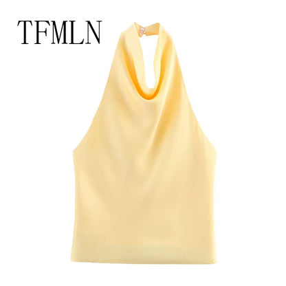 TFMLN 2025 Women Sexy Halter Top Spring Summer Sexy Backless High Street Waistcoat Female Fashion Solid Elegant Halter Neck Tops