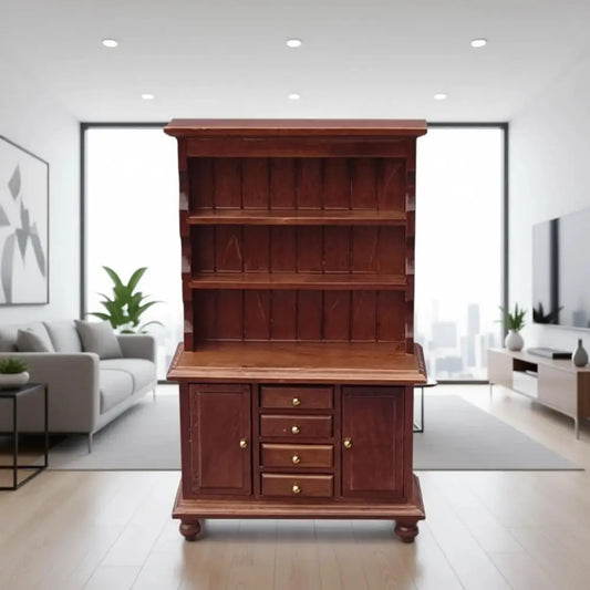 1:12 Scale Walnut Wooden Miniature Cupboard Bookshelf Kitchen Dollhouse Storage Hutch Display Showcase
