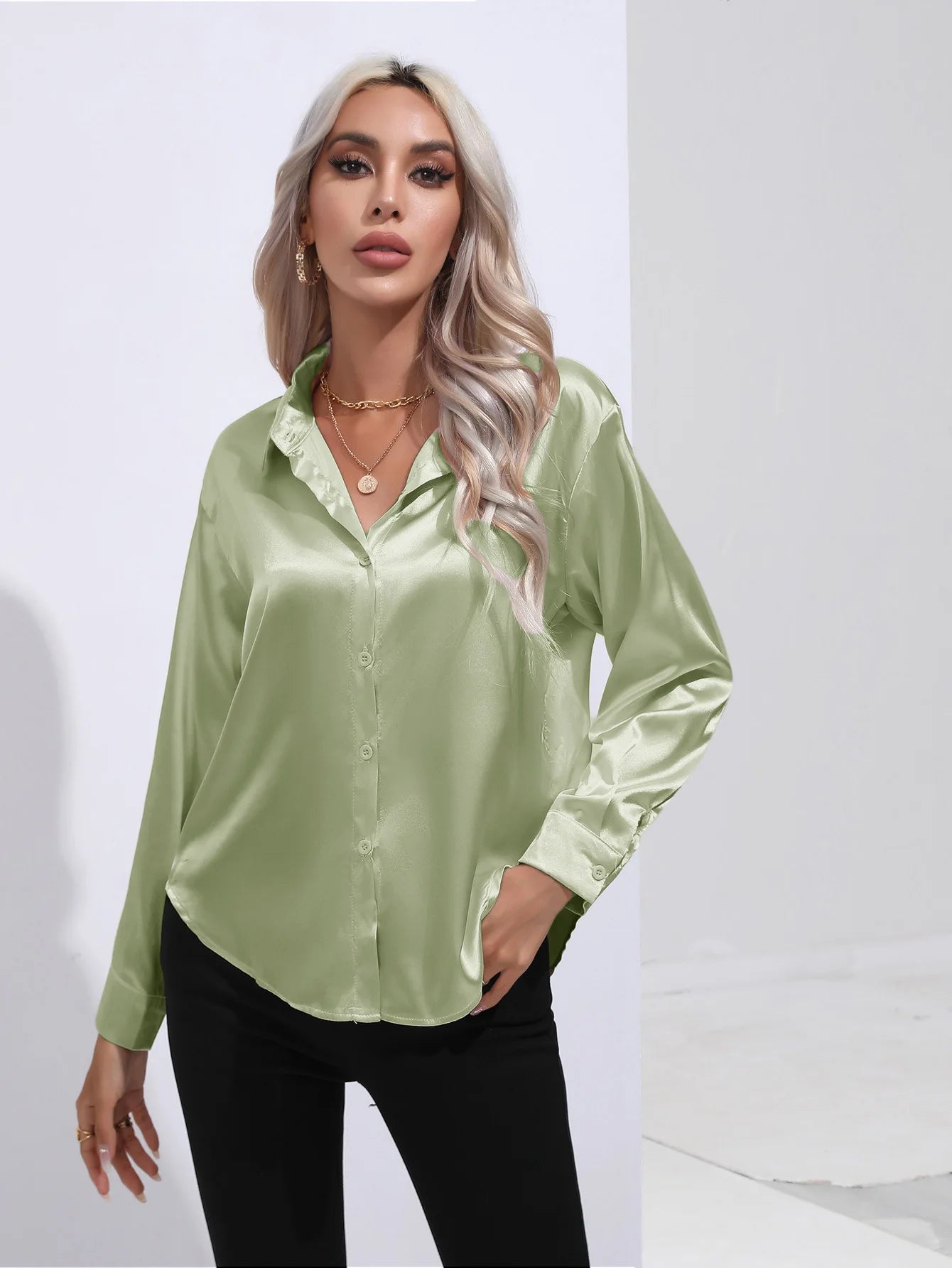 2025 Spring Summer Satin Shirt for Women, V-Neck Long Sleeve Silk Blouse Loose Office Shirt in Black White