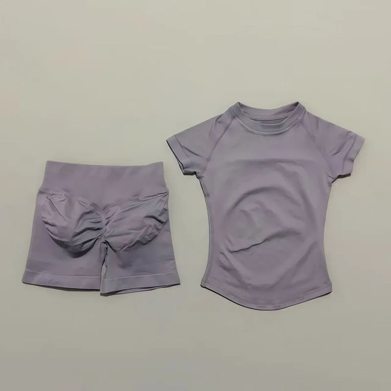 2 Pcs HISTELLO Impact Gym Sets Short Sleeve Seamless Yoga Clothing Fitness Set Women Workout Running Sports Short Leggings Suit