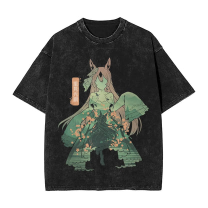 Washed T Shirts Satono Diamond Uma Musume Anime Hip Hop Fashion T-Shirts Street  Streetwear Cotton Summer Tops Tees Men Women