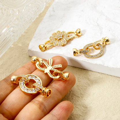 1pc Brass Fold Over Clasps Gold Color Round Flower Bowknot Clear Cubic Zirconia Charms DIY Necklace Bracelet Jewelry Findings