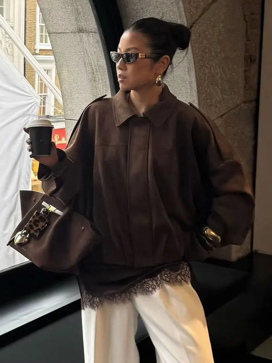 HH Women's Street Fashion Solid Loose Suede Texture Coats Causal Long Bat Sleeves Lapel Zipper Fly Winter Vintage Jackets