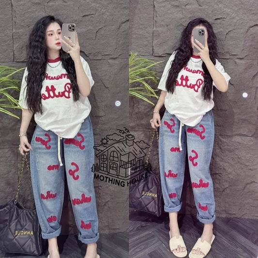 Retro Fashion Suit Women's Summer New Letter Printing Short-sleeved Milk Silk Wide-leg Pants Two-piece Set