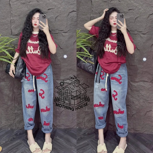 Retro Fashion Suit Women's Summer New Letter Printing Short-sleeved Milk Silk Wide-leg Pants Two-piece Set