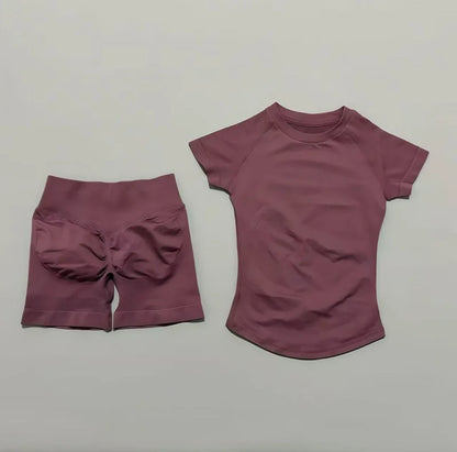 2 Pcs HISTELLO Impact Gym Sets Short Sleeve Seamless Yoga Clothing Fitness Set Women Workout Running Sports Short Leggings Suit