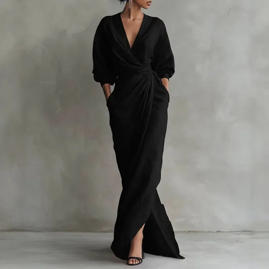 Women's Sexy V Neck Wrap Waist Long Dresses 2026 Spring Casual Solid Slim Bodycon Hips Dress Elegant Long Sleeve Slit Maxi Dress
