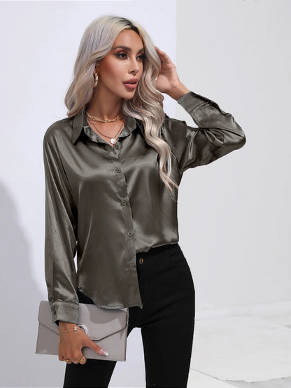 2025 Spring Summer Satin Shirt for Women, V-Neck Long Sleeve Silk Blouse Loose Office Shirt in Black White