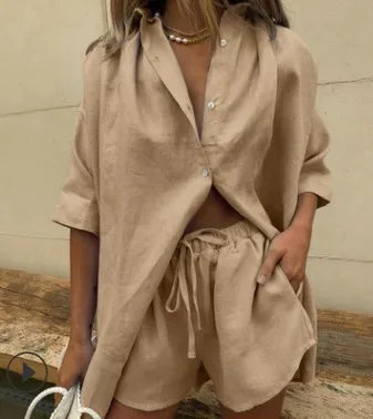 European and American 2024 Summer New Women's Solid Color Single breasted Short sleeved Shirt Two piece Set of Wide Leg Pants La