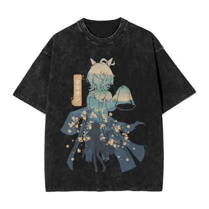 Washed T Shirts Satono Diamond Uma Musume Anime Hip Hop Fashion T-Shirts Street  Streetwear Cotton Summer Tops Tees Men Women