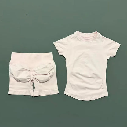 2 Pcs HISTELLO Impact Gym Sets Short Sleeve Seamless Yoga Clothing Fitness Set Women Workout Running Sports Short Leggings Suit