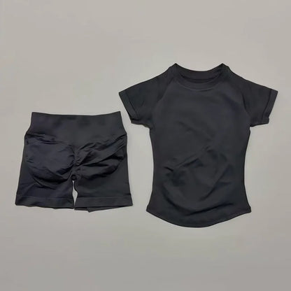 2 Pcs HISTELLO Impact Gym Sets Short Sleeve Seamless Yoga Clothing Fitness Set Women Workout Running Sports Short Leggings Suit