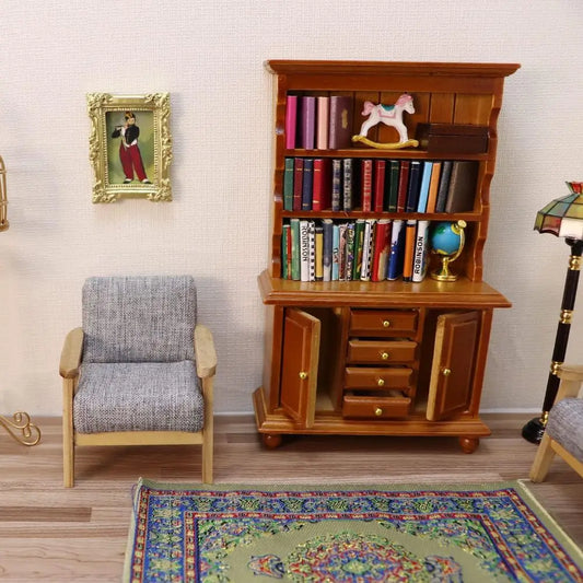 1:12 Scale Walnut Wooden Miniature Cupboard Bookshelf Kitchen Dollhouse Storage Hutch Display Showcase