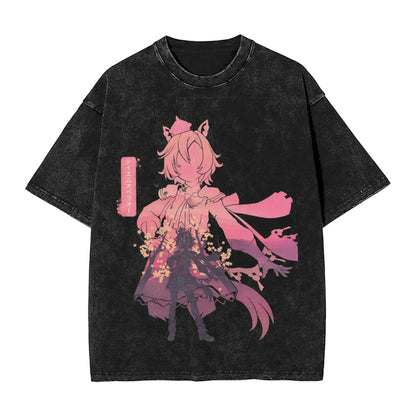 Washed T Shirts Satono Diamond Uma Musume Anime Hip Hop Fashion T-Shirts Street  Streetwear Cotton Summer Tops Tees Men Women
