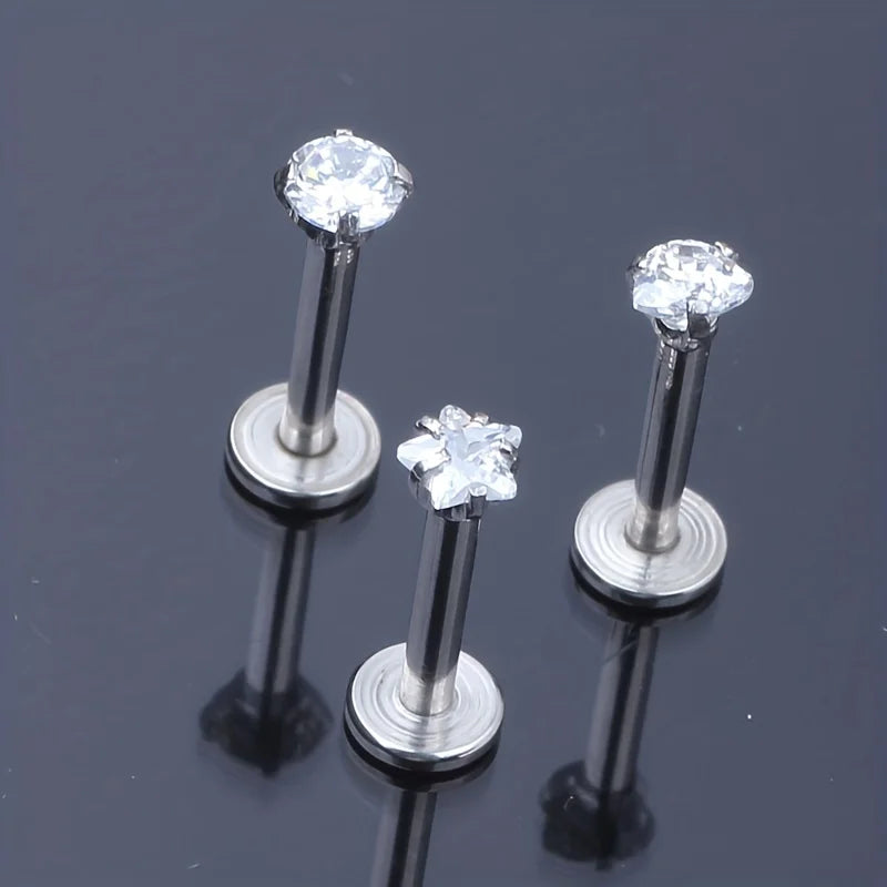 1pcs 6/8/10mm Stainless Steel Lip Rings Zircon Round Square Heart Star Tragus Cartilage Helix Earrings Body Piercing Jewelry