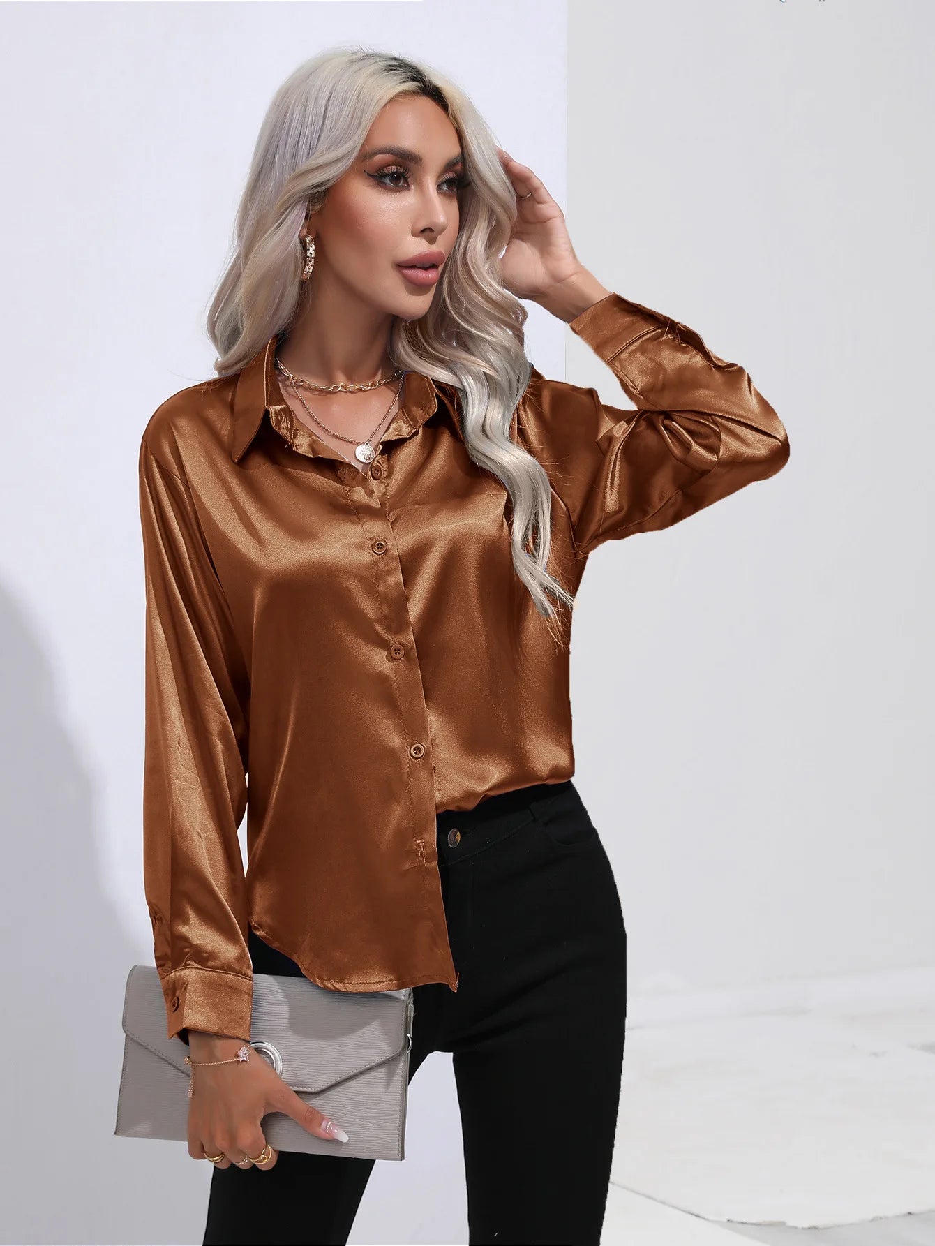 2025 Spring Summer Satin Shirt for Women, V-Neck Long Sleeve Silk Blouse Loose Office Shirt in Black White