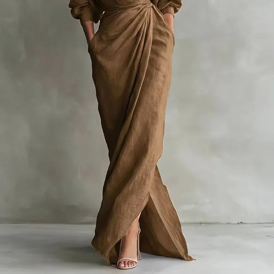 Women's Sexy V Neck Wrap Waist Long Dresses 2026 Spring Casual Solid Slim Bodycon Hips Dress Elegant Long Sleeve Slit Maxi Dress