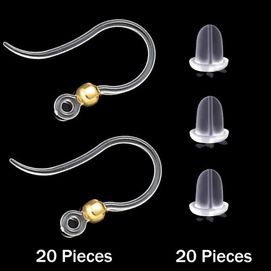 40pcs Clear Plastic Earring Hooks Ear Wire with Loop French Fish Hooks With Transparent Earring Stoppers for DIY Jewelry Making