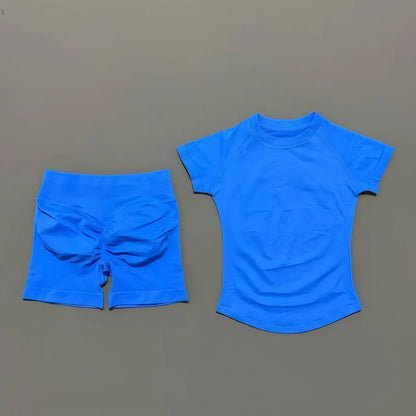 2 Pcs HISTELLO Impact Gym Sets Short Sleeve Seamless Yoga Clothing Fitness Set Women Workout Running Sports Short Leggings Suit