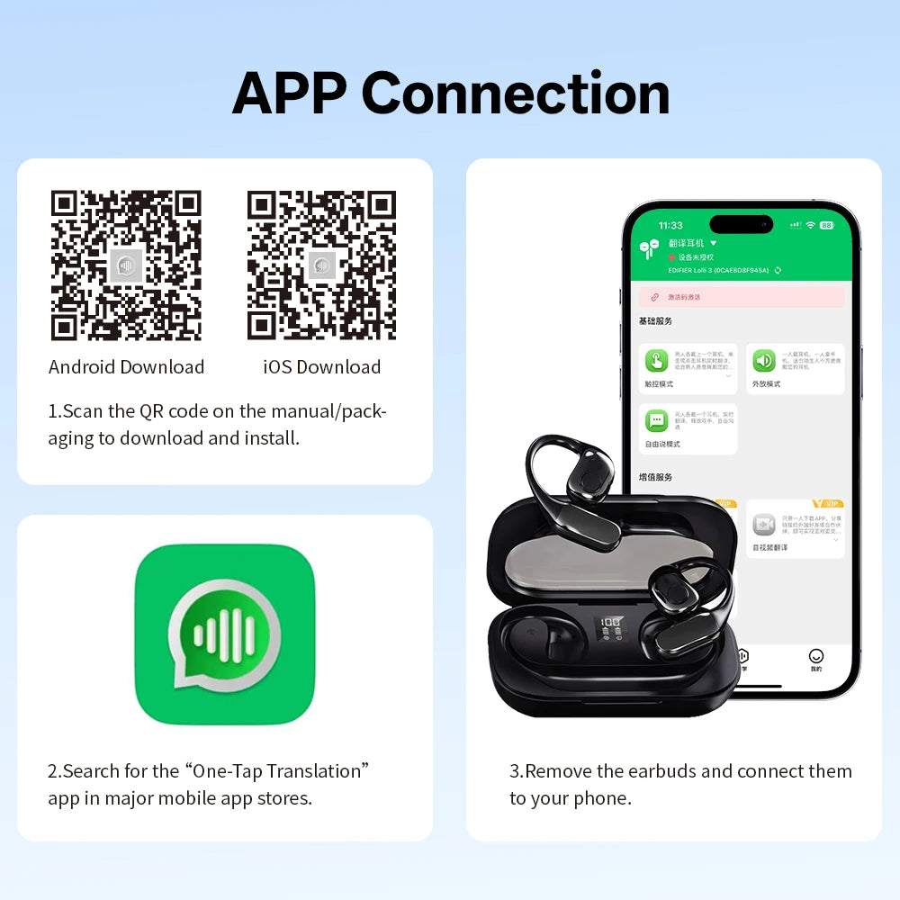 MSAI T23 AI Translator Earbuds 138 Languages Multilingual Translate APP Bluetooth Low Latency Real Time Offline Translation