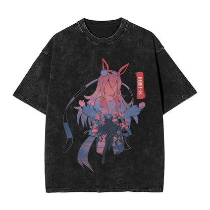 Washed T Shirts Satono Diamond Uma Musume Anime Hip Hop Fashion T-Shirts Street  Streetwear Cotton Summer Tops Tees Men Women
