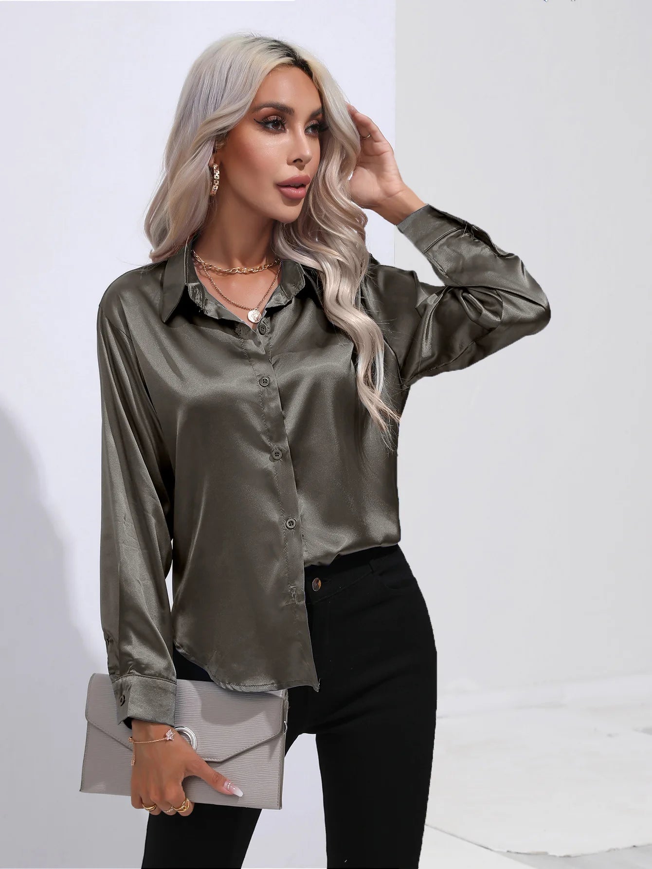 2025 Spring Summer Satin Shirt for Women, V-Neck Long Sleeve Silk Blouse Loose Office Shirt in Black White
