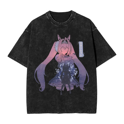 Washed T Shirts Satono Diamond Uma Musume Anime Hip Hop Fashion T-Shirts Street  Streetwear Cotton Summer Tops Tees Men Women